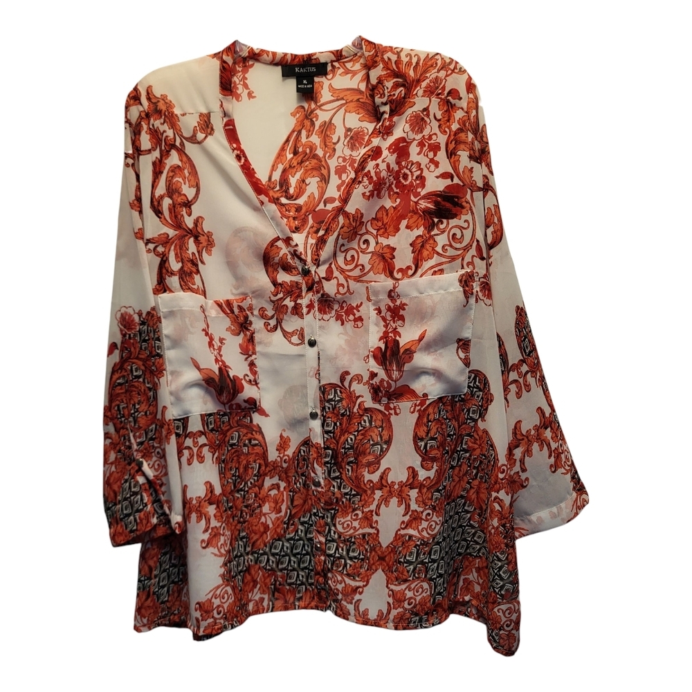 Kaktus Elegant Red and White Semi-Sheer Long Sleeved Patterned Blouse - Size XL